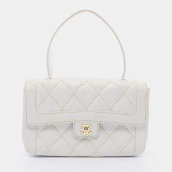 Pre Owned Chanel Wild Stitch White Leather Top Handle Bag