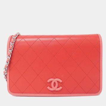 Pre Owned Chanel Pink, Red Leather Chain Wallet