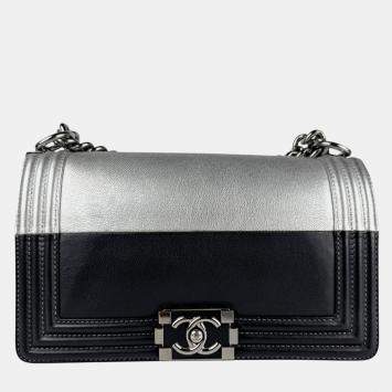 Pre Owned Chanel Boy Black Silver Leather Shoulder Bag