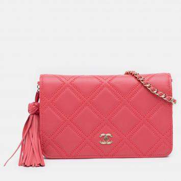 Pre Owned Chanel Quilted Lambskin Double Stitch Tassel Wallet On Chain