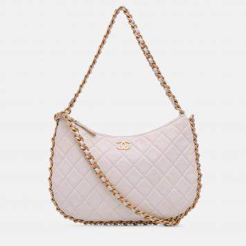 Pre Owned Chanel White Large Shiny Crumpled Quilted Lambskin Trendy Chain Around Hobo