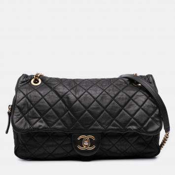 Pre Owned Chanel Black Large Quilted Iridescent Calfskin Shiva Flap