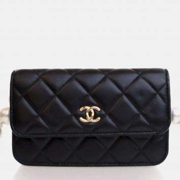 Pre Owned Chanel Maxi Pearls Mini Black Lambskin Clutch On Chain 