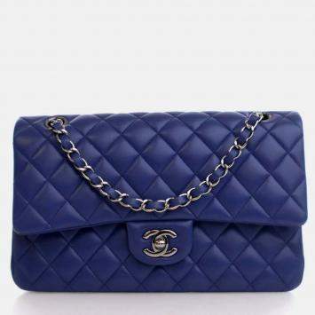 Pre Owned Chanel Classic Double Flap Medium Blue Lambskin Shoulder Bag