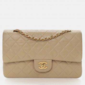 Pre Owned Chanel Classic Flap Medium Beige Lambskin Shoulder Bag