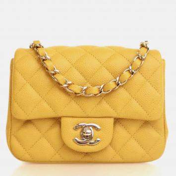 Pre Owned Chanel Classic Flap Mini Square Yellow Caviar Shoulder Bag