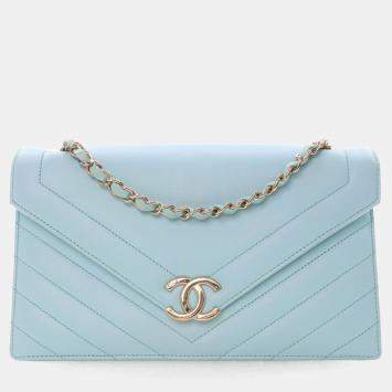 Pre Owned Chanel Chevron Flap Medium Tiffany Blue Calfskin Shoulder Bag