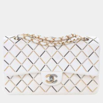 Pre Owned Chanel Embellished Double Flap Medium White Lambskin Shoulder Bag