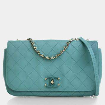 Pre Owned Chanel Stitched Covered CC Flap Medium Green Calfskin Shoulder Bag