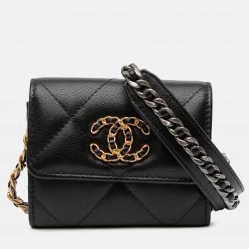 Pre Owned Chanel Black Lambskin 19 Flap Coin Purse With Chain