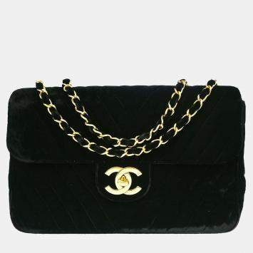 Pre Owned Chanel Black Velvet Maxi Classic Flap Shoulder Bag