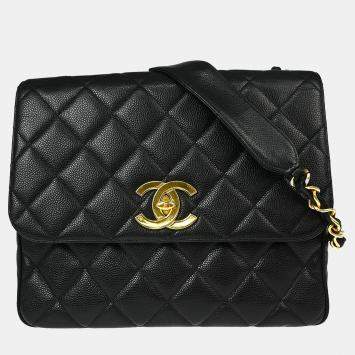 Pre Owned Chanel Straight Flap Black Leather Shoulder Bag