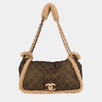 Pre Owned Chanel CC Brown Shearling Suede Shoulder Bag