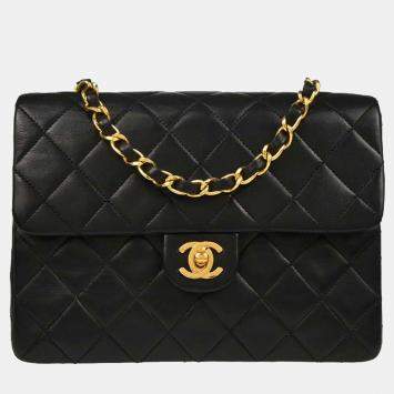 Pre Owned Chanel Square Classic Flap Black Lambskin Leather Shoulder Bag