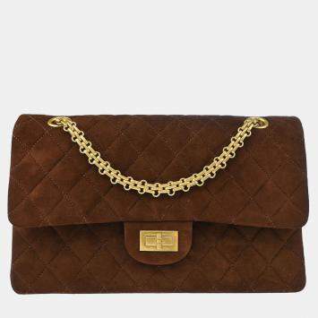 Pre Owned Chanel 2.55 Classic Double Flap Brown Suede Shoulder Bag