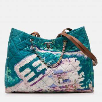 Pre Owned Chanel Blue CC Quilted Nylon Graffiti Watercolour Shopping Tote