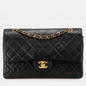 Pre Owned Chanel Black Medium Classic Lambskin Double Flap