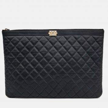 Pre Owned Chanel Boy Black Caviar Leather Large Clutch