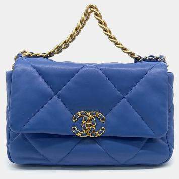 Pre Owned Chanel Blue Leather Chanel 19 Flap Bag Small