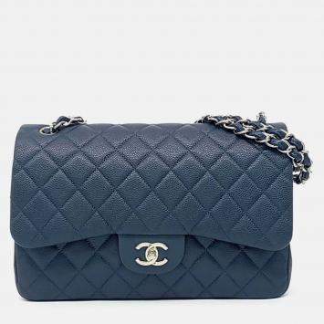 Pre Owned Chanel Blue Leather Caviar Classic Jumbo