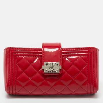 Pre Owned Chanel Red Quilted Patent Leather Boy Phone Holder Pouch 