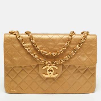 Pre Owned Chanel Gold Quilted Leather Vintage Classic Single Flap Bag