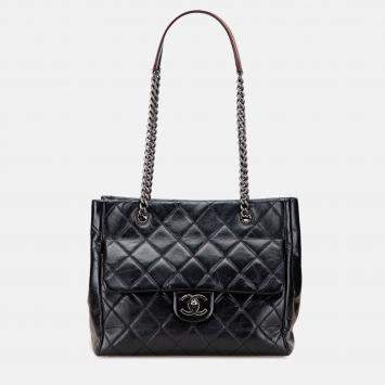 Pre Owned Chanel Black Small Quilted Glazed Calfskin Duo Color Tote