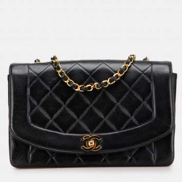 Pre Owned Chanel Black Medium Lambskin Diana Flap