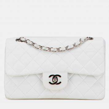 Pre Owned Chanel White Small Classic Lambskin Double Flap