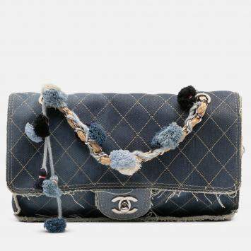 Pre Owned Chanel Blue Paris Dubai Medium Quilted Denim Pompom Flap