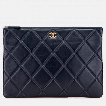 Pre Owned Chanel Navy Blue CC Large Quilted Lambskin O Case Clutch