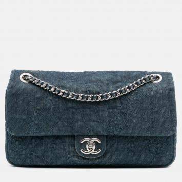 Pre Owned Chanel Blue Large Embroidered Denim Camellia Flap