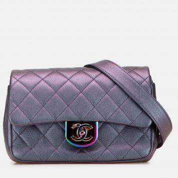 Pre Owned Chanel Purple Small Iridescent Goatskin Double Carry Waist Chain Flap