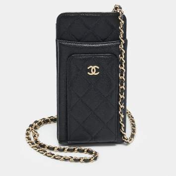 Pre Owned Chanel Black Quilted Caviar Leather Phone Holder Crossbody Bag