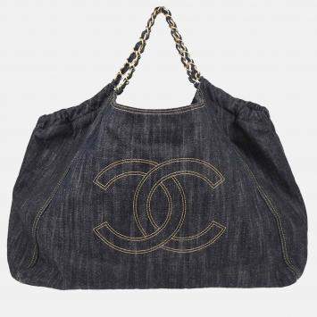 Pre Owned Chanel Navy Denim Tote Handbag