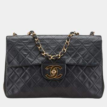 Pre Owned Chanel Coco Mark Deca Matelasse 34 Black Leather Chain Shoulder Bag