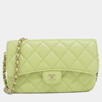 Pre Owned Chanel Timeless Classic Line Light Green Leather Phone Case