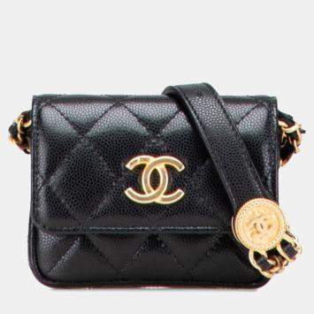 Pre Owned Chanel Mini Matelasse Coco Mark In Black Caviar Skin Waist Bag