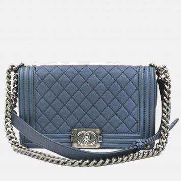 Pre Owned Chanel Boy Chanel Leather Shoulder Bag In Metallic Navy