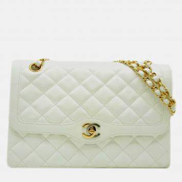 Pre Owned Chanel Paris Limited Edition Double Flap Shoulder Bag In White Lambskin
