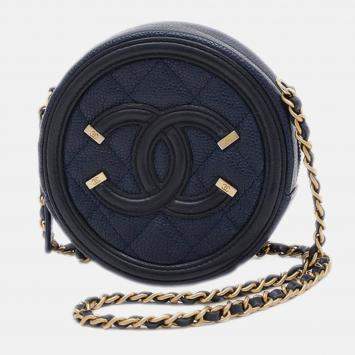 Pre Owned Chanel Cc Filigree Round Chain Shoulder Bag Caviar Navy