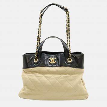 Pre Owned Chanel Matelasse In The Mix Chain Shoulder Tote Bag Handbag Leather Beige Black