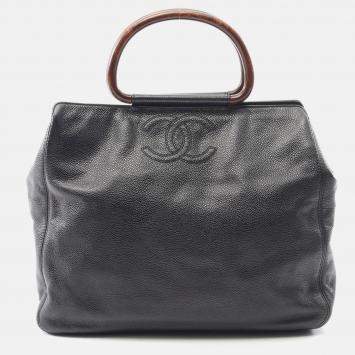 Pre Owned Chanel Wooden Handle Black Calfskin Tote Bag