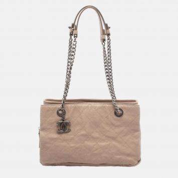 Pre Owned Chanel CC Coco Matelasse Beige Calfskin Chain Shoulder Tote Bag