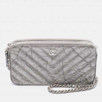 Pre Owned Chanel Coco Chevron V Stitch Silver Patent Leather  Chain Shoulder Bag
