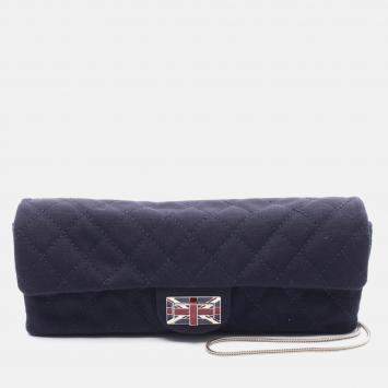 Pre Owned Chanel Navy Blue Cotton Jersey Chain Shoulder Bag