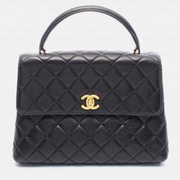 Pre Owned Chanel CC Coco Matelasse Lambskin Leather Black Top Handle Bag 