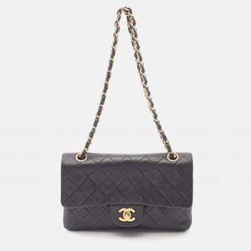 Pre Owned Chanel Matelasse W Flap Black Lamb Leather  Chain Shoulder Bag