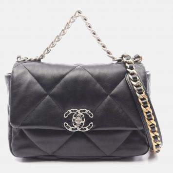 Pre Owned Chanel 19 Dix-Neuf Matelasse Black Lamb Leather Chain Shoulder Bag