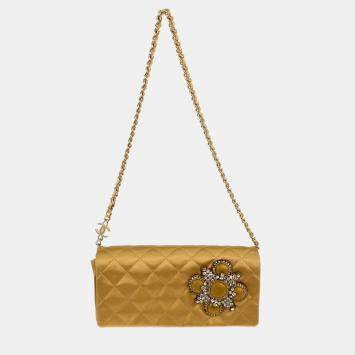 Pre Owned Chanel Gold Satin Straight Flap Shoulder Bag